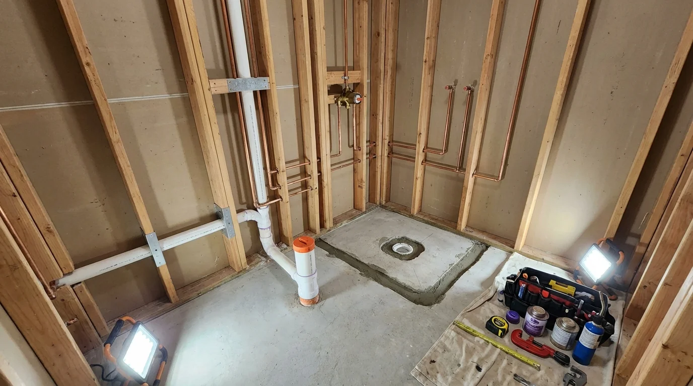 Bathroom rough-in plumbing during remodel by Johns Plumbing LLC in Edgecomb