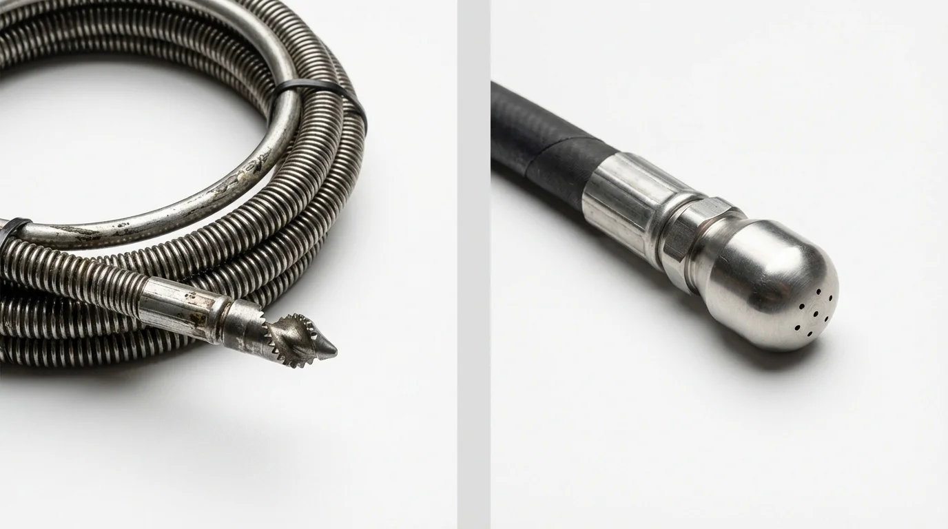Drain snake cable and hydro jetting nozzle used for drain cleaning in Edgecomb, ME
