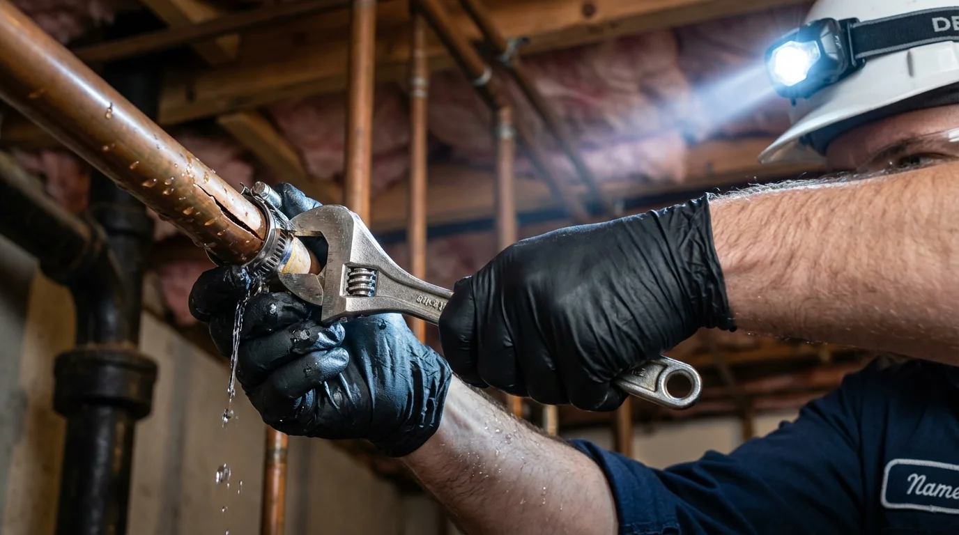 Emergency pipe clamp repair being performed by a Johns Plumbing LLC plumber in Edgecomb
