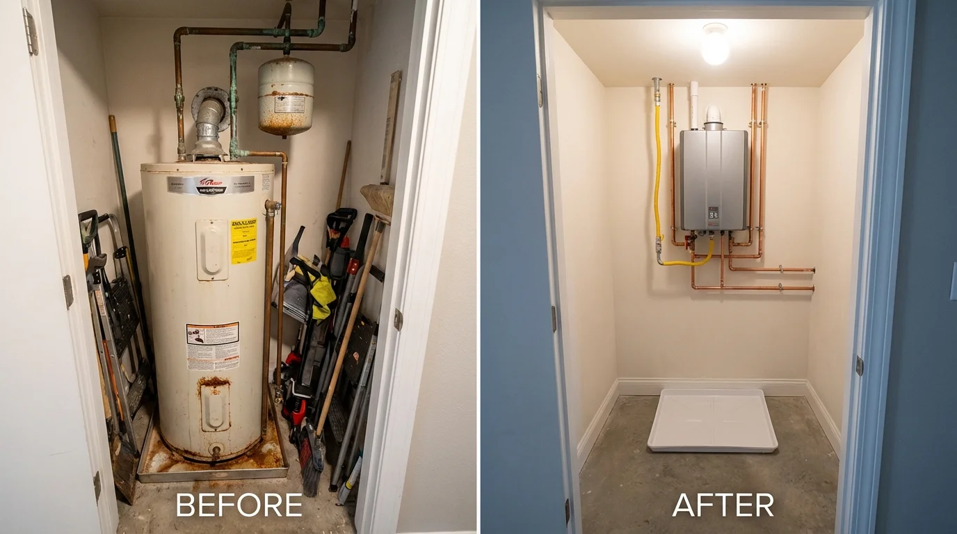 Tank water heater versus wall-mounted tankless unit comparison for Edgecomb, ME homeowners