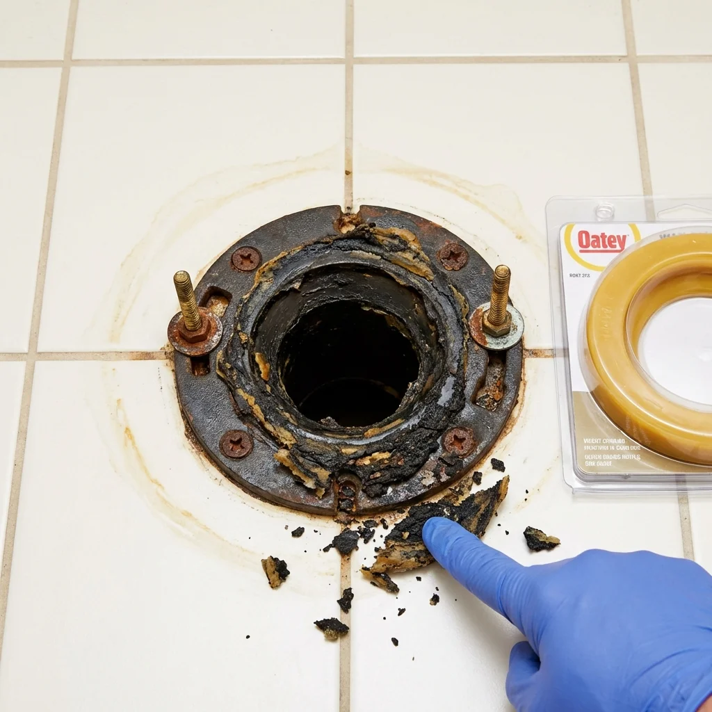 Failed wax ring showing water seepage at the base of a toilet in a Edgecomb, ME home