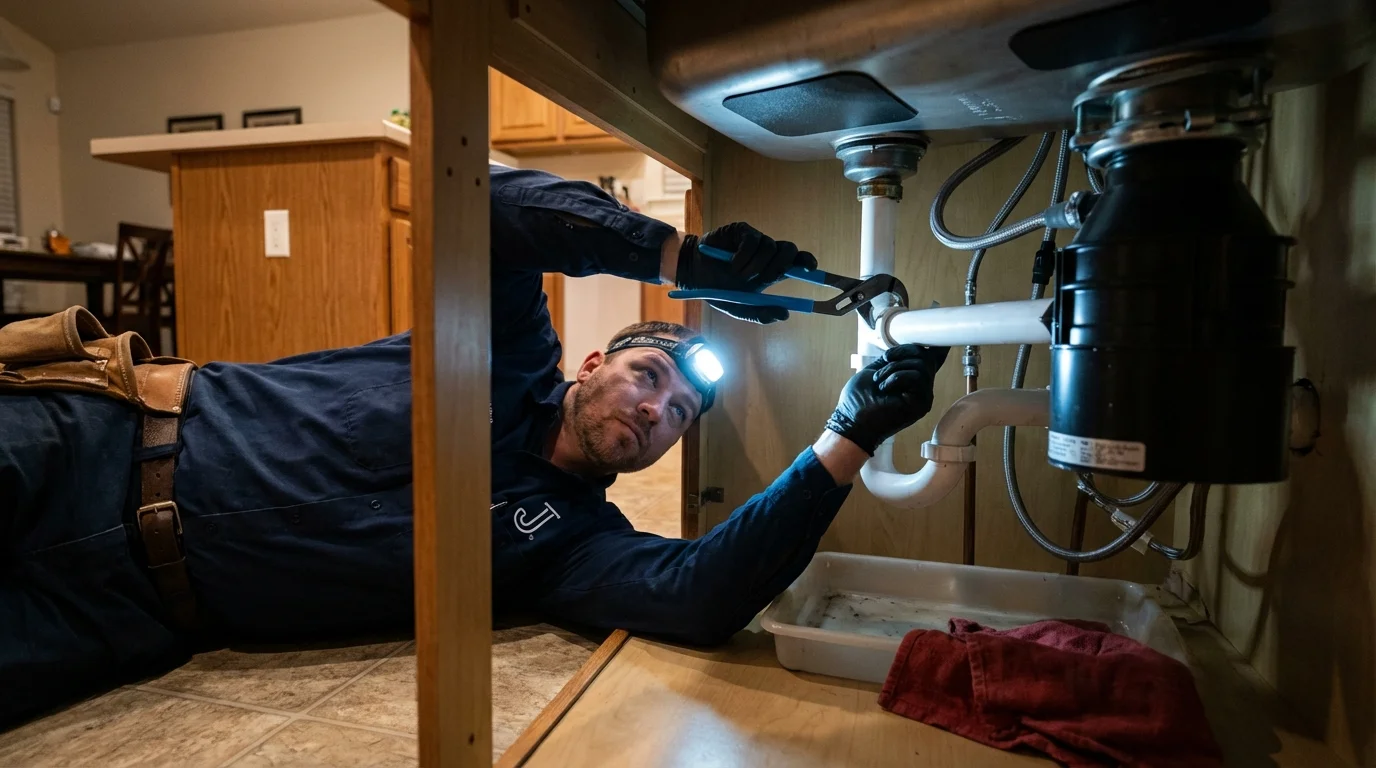P-trap and supply line connections under a kitchen sink showing a common leak point in Edgecomb, ME